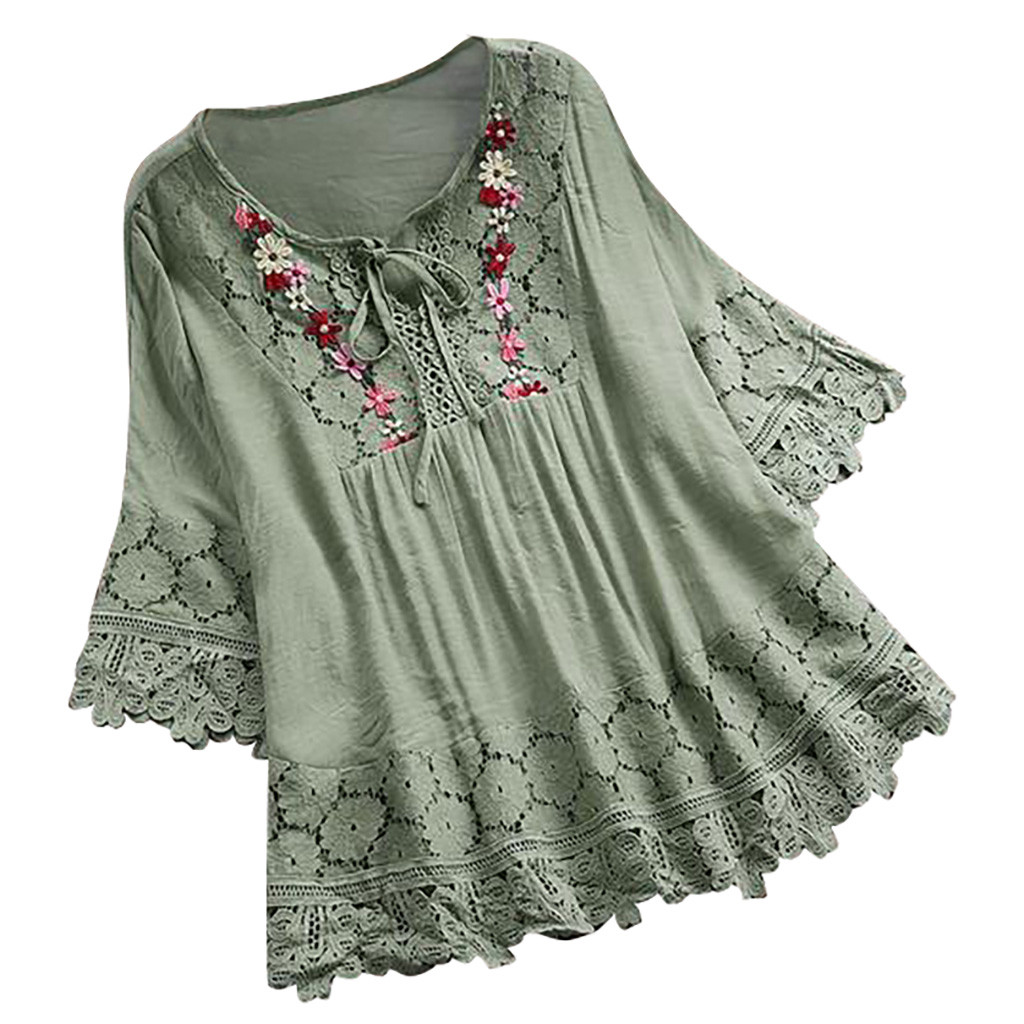  Women's Lace Crochet Blouse Elegant Embroidery Tops Hollow Lace Up Shirts Cotton Linen Plus Size Blouse Blusas Chemise 5XL