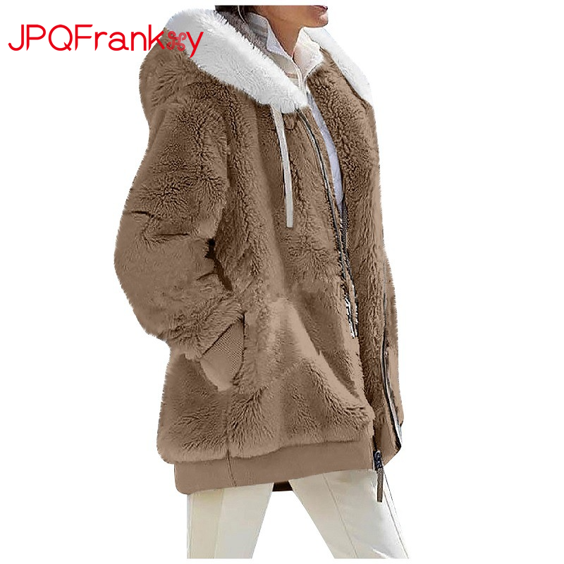 Europe and America  Autumn and Winter Loose Plush Long Sleeve Zipper Pocket Hooded Warm Coat Women's Retro Quilt