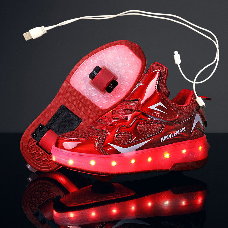 LANBENA Children Two Wheels Luminous Glowing Sneakers Black Pink Red Led Light Roller Skate Shoes Kids Led Shoes  Girls USB