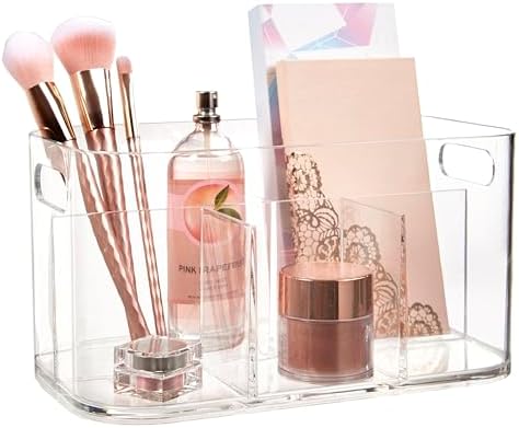 STORi Bliss 5-Compartment Plastic Cosmetics Storage Organizer | Clear | Rectangular Divided Makeup Bin & Vanity Caddy with Pass-Through Handles | Round Corner Design | Made in USA