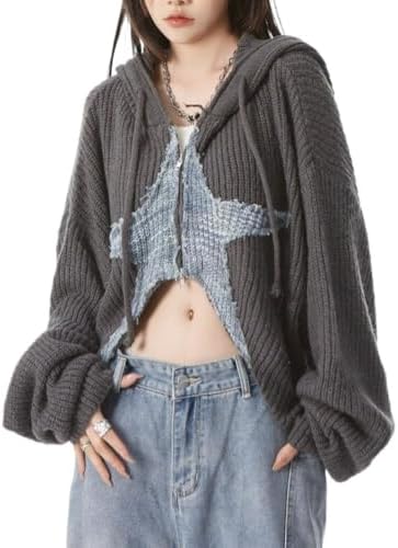CEINOM Y2k Grunge Women's Sweater Zip Up Cardigan Crop Knitwear Star Hooded Hip Hop Kint Autumn Oversize Hoodie